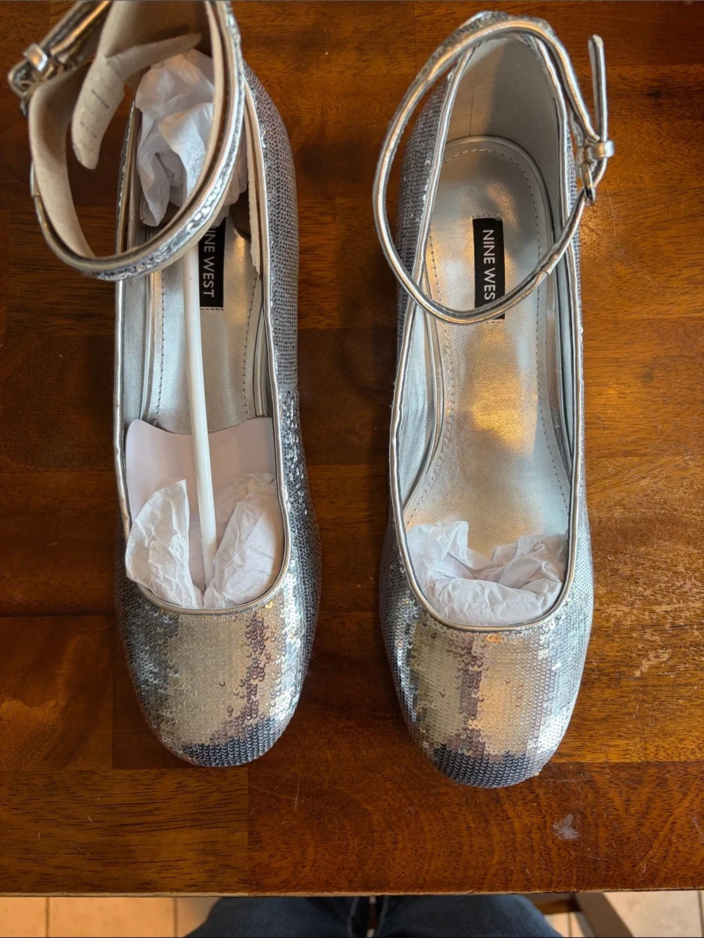 Nine West Silver Sequin Ankle-Strap Block Heels. Women’s Size 9.5